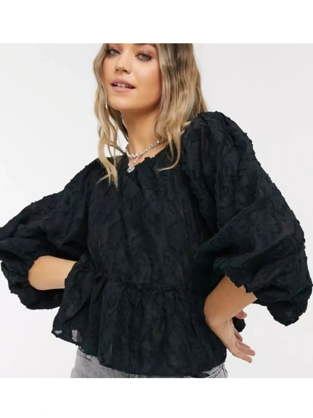 Free People Callie Black Textured Puff-Sleeve Peplum Blouse. Bohemian. Festival